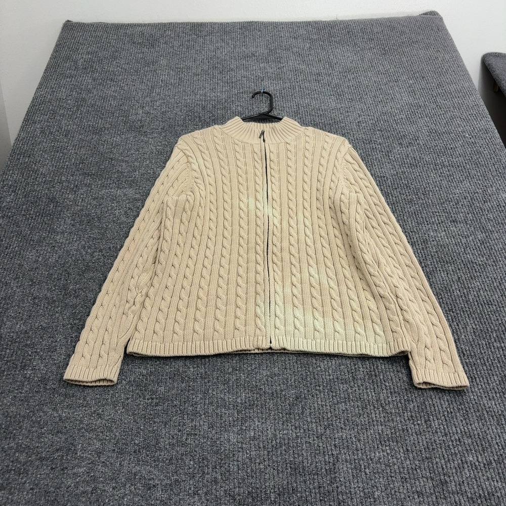 LL Bean Sweater Women 1X Beige Cotton Full Zip Cable Knit Mock Neck Classic